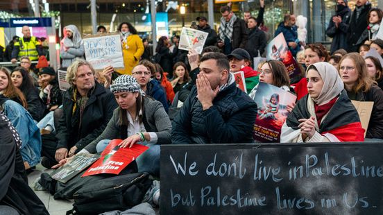 Pro Palestinian demonstrators hold a sit in at Utrecht Central Station