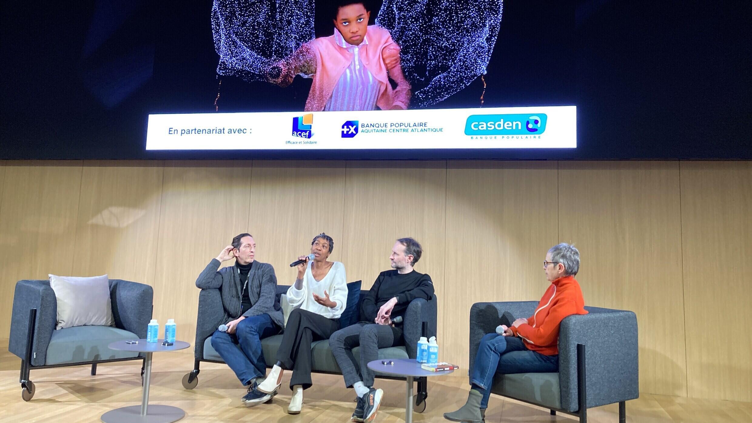 Tania de Montaigne, author of “Noire”, with director Stéphane Foenkinos, filmmaker Pierre-Alain Giraud and Anne Georget, president of Fipadoc 2024.