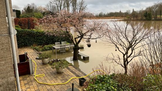 Gardens of houses outside the dike in Leerdam under water