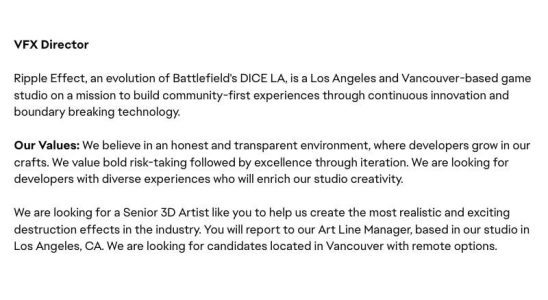 Visual Effects Director Wanted for New Battlefield Game