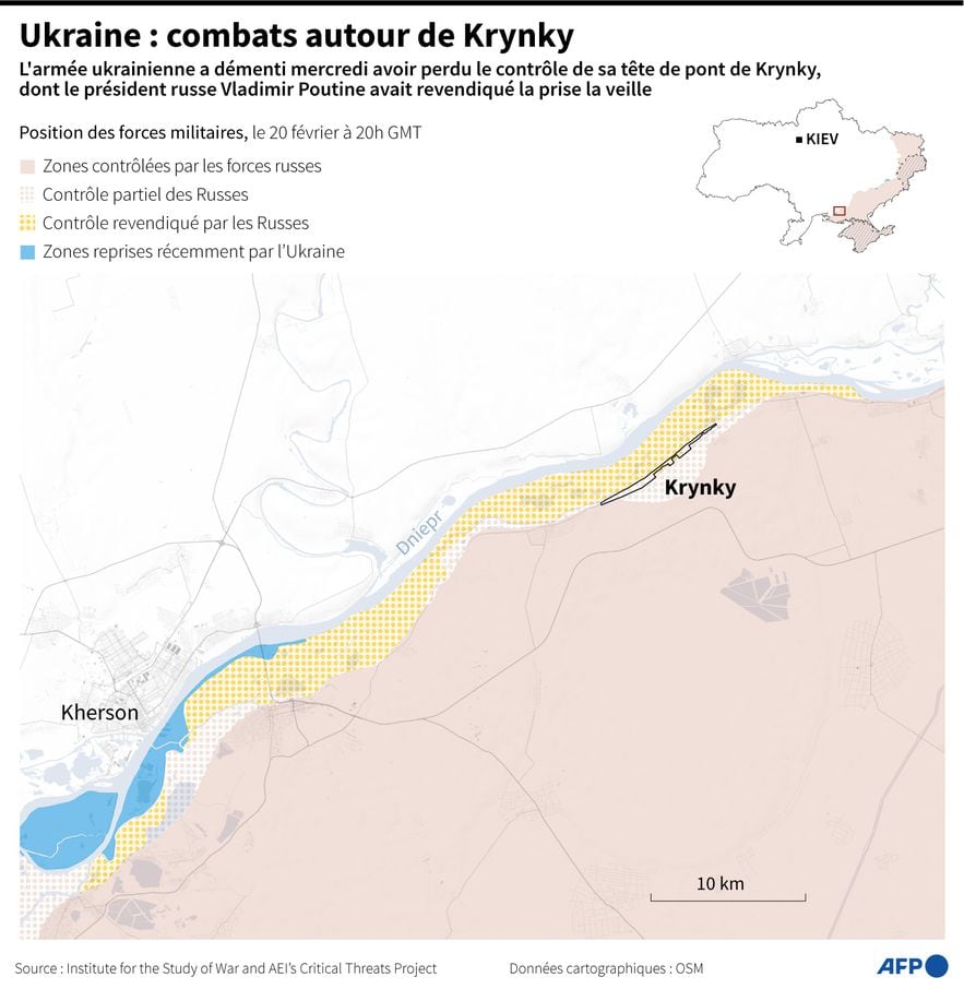 Map of the front line around the town of Krynky, on the banks of the Dnieper, Ukraine