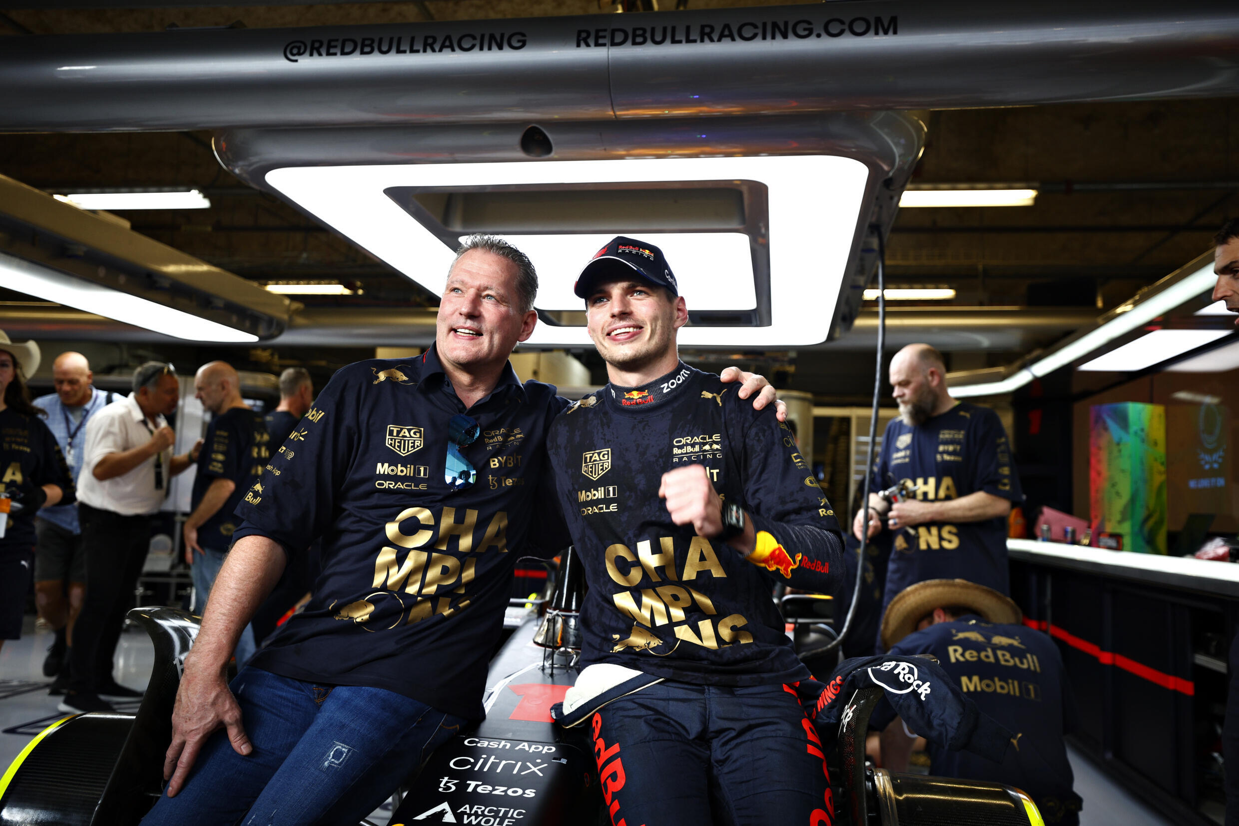 Max Verstappen, and his father, Jos Verstapp, after the F1 United States Grand Prix at Circuit of The Americas on October 23, 2022 in Austin, Texas