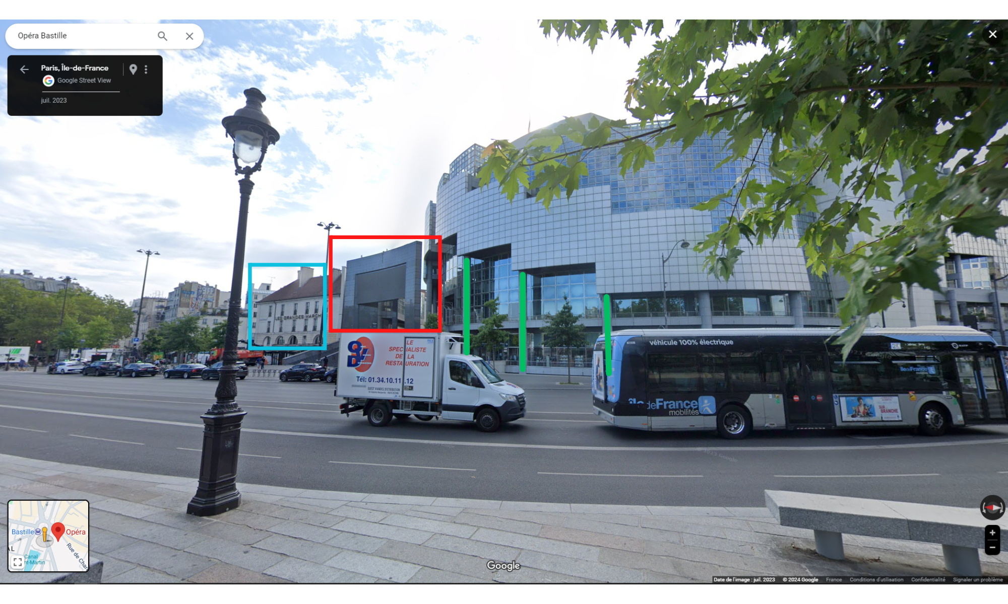 We clearly recognize the architecture of the Opéra Bastille.