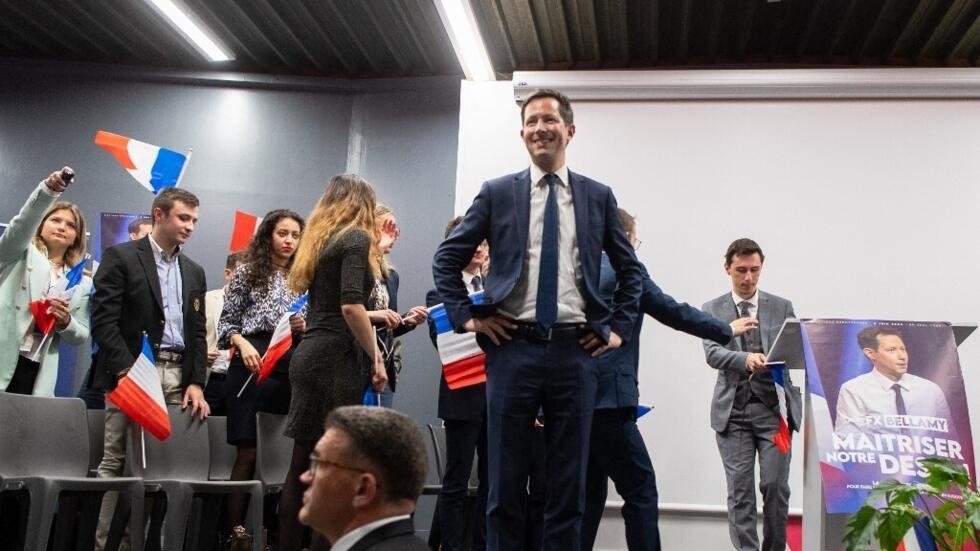 François Xavier Bellamy, head of the list of the right-wing Les Républicains (LR) party for the upcoming European elections in June, takes the stage after a speech at a public meeting in Toulouse, southwest France, on 26 April 2024.