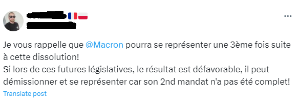 This post asserts that Emmanuel Macron will be able to run for a third term, while the constitution only allows two consecutive mandates