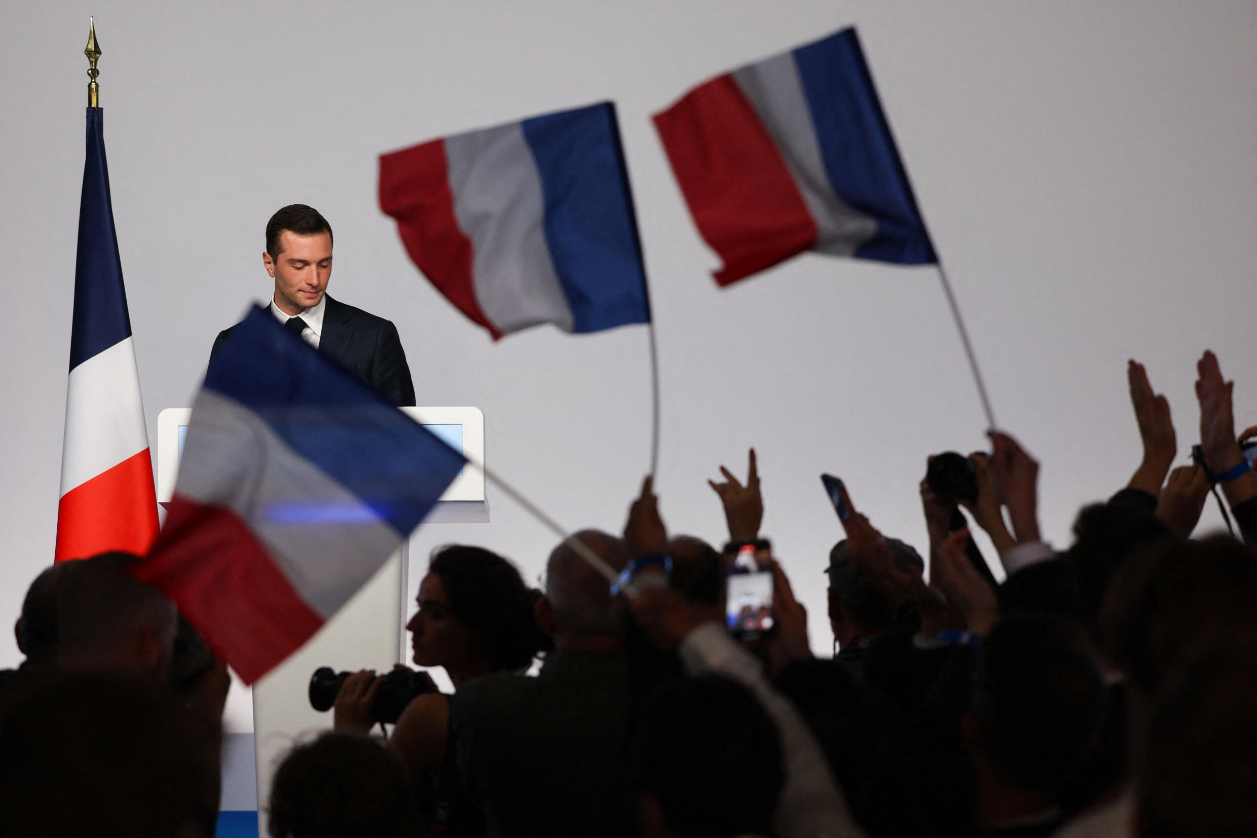 Jordan Bardella during his speech after the announcement of the second round vote and the third place of the National Rally.