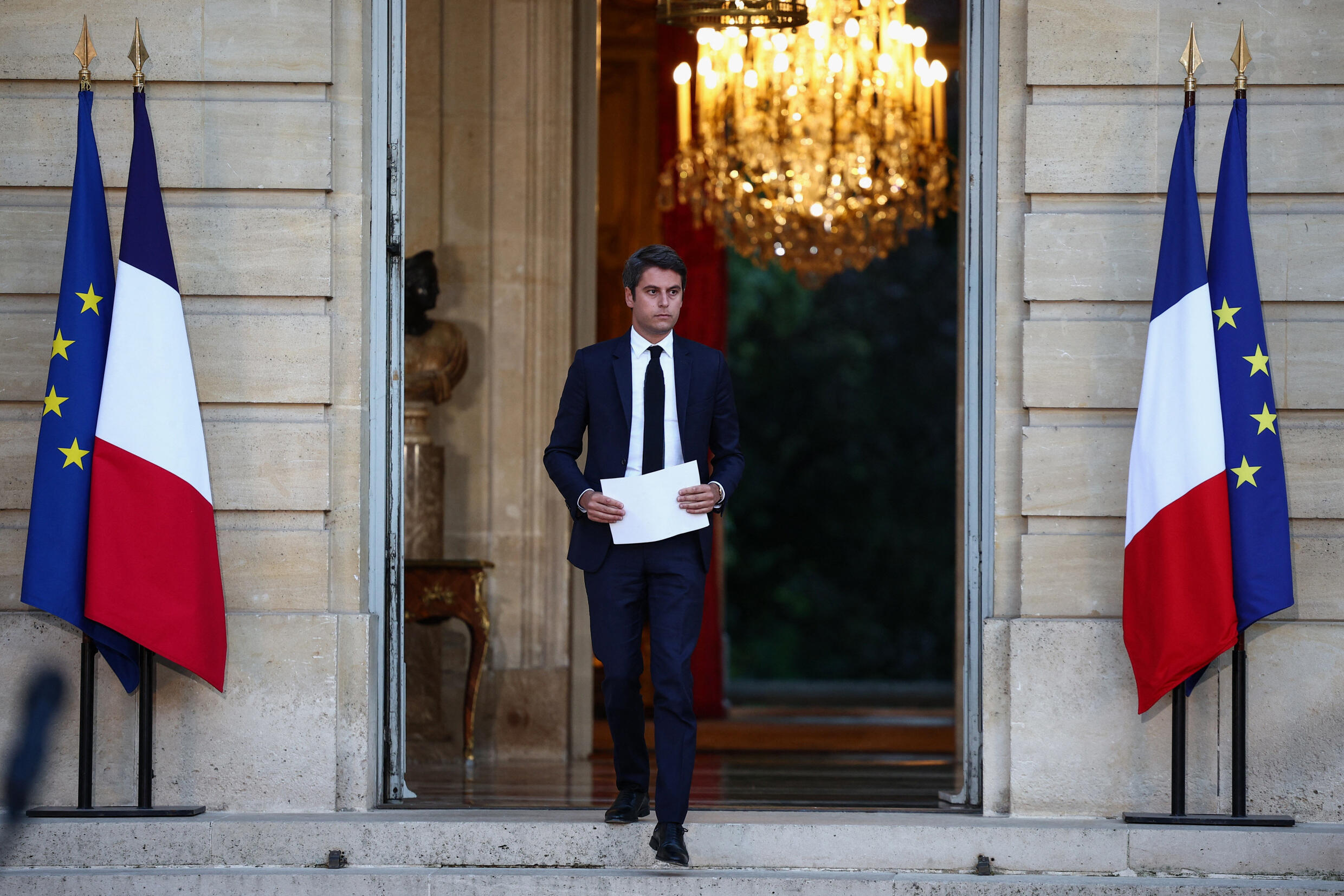 Gabriel Attal at Matignon during the announcement of his future resignation, July 7, 2024.