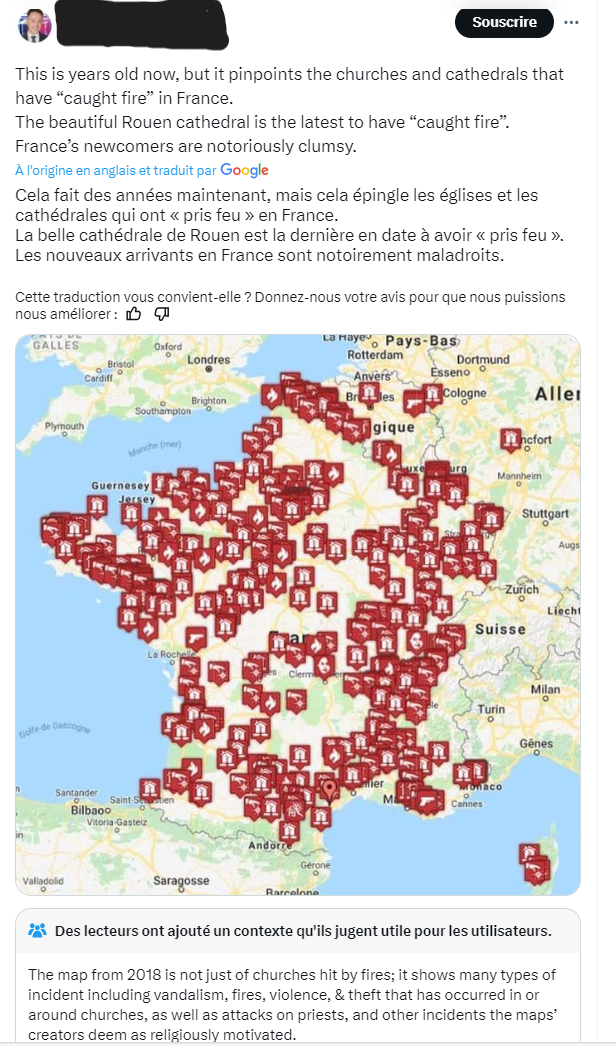 This British far-right account publishes a map that purports to list all the arson attacks targeting Catholic religious sites in France and clearly blames migrants. The map is wrong and its legend is incomplete