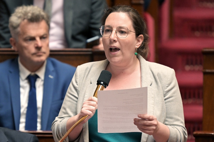 The leader of the Green Party deputies, Cyrielle Chatelain, addresses the government at the National Assembly in Paris, May 30, 2023