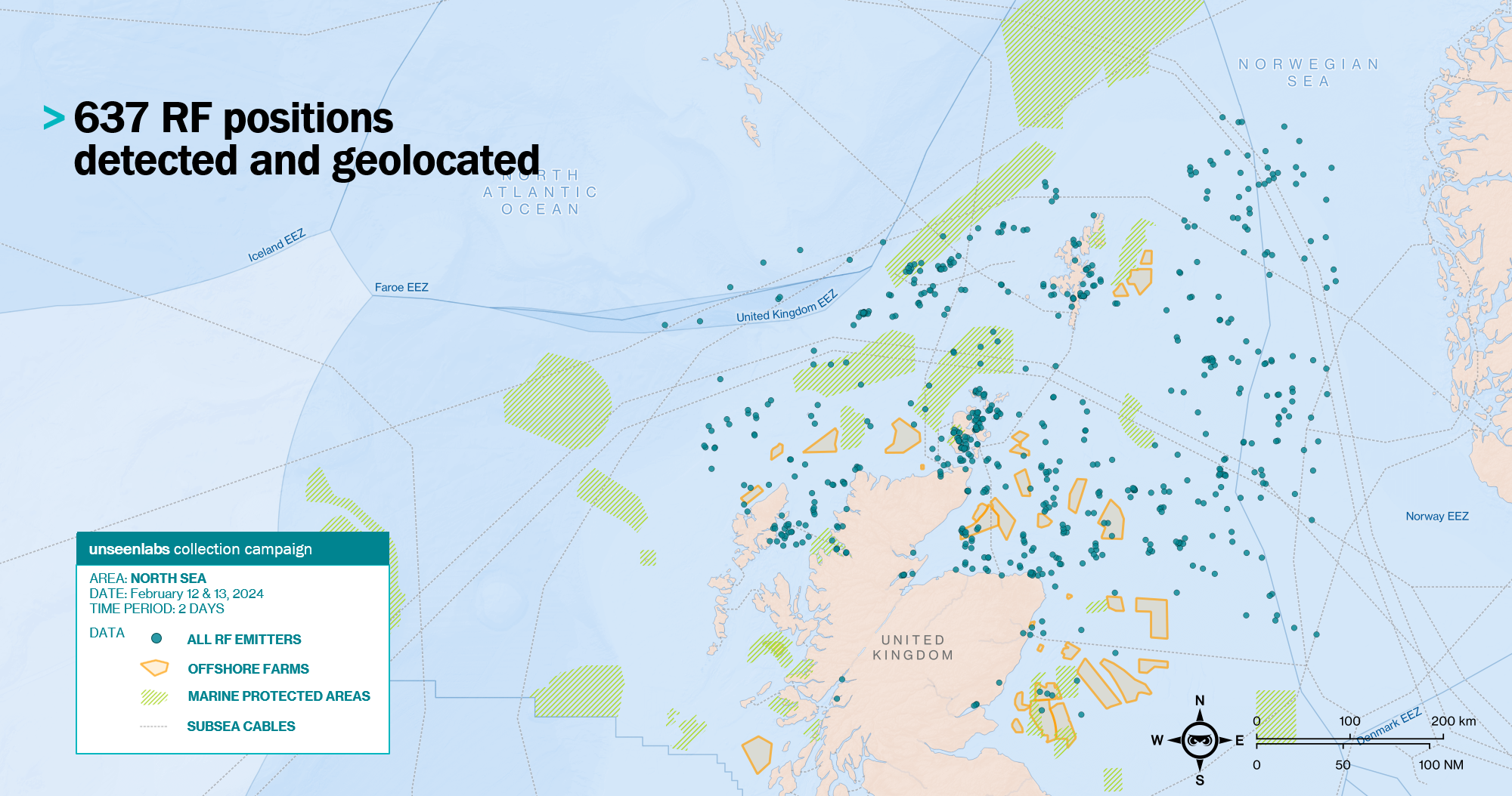 This document provided by Unseenlabs shows the 637 positions in the North Sea that correspond to the use of radio frequencies (RF) in the area. It is a picture of human activity at sea, at a specific moment in time.