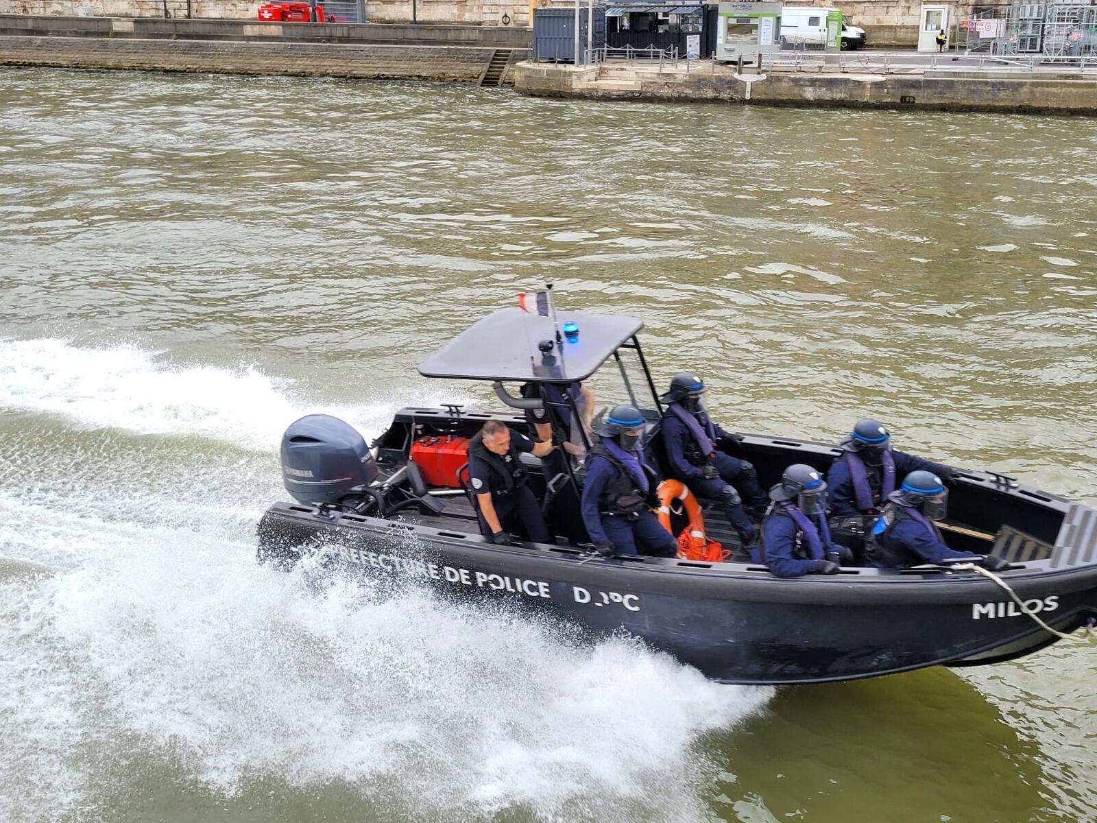 Training of the River Brigade on the Seine, a few days before the Paris Olympics.