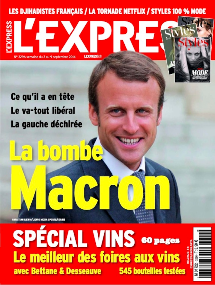 First appearance of Emmanuel Macron on the front page of L'Express on September 3, 2014.