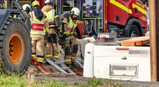 Campervan down a pit on the E22 in Lund