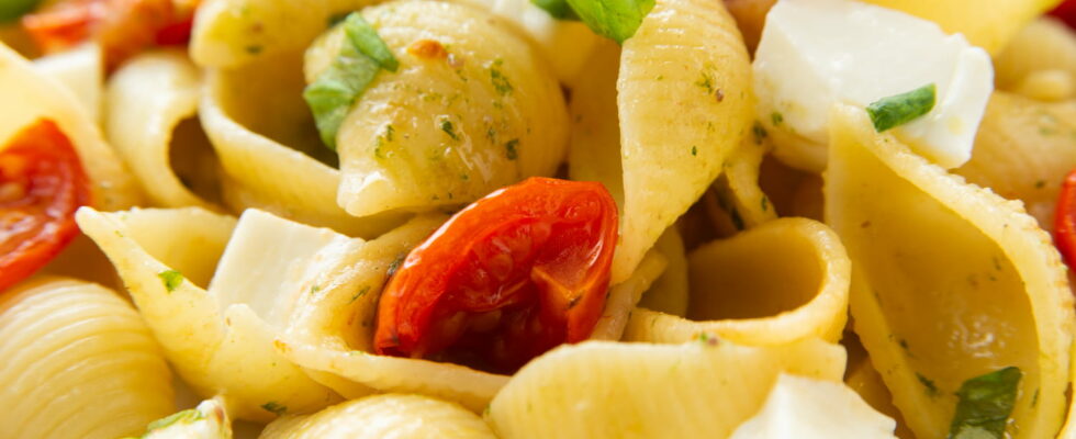 This easy recipe for warm pasta with tomato and mozzarella