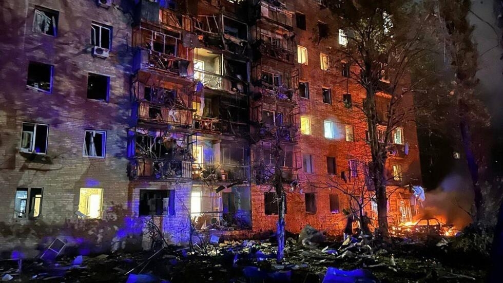 A photo released on August 11, 2024 on the Telegram account of Kursk Mayor Igor Kutsak shows a fire in a residential building following a Ukrainian missile attack.