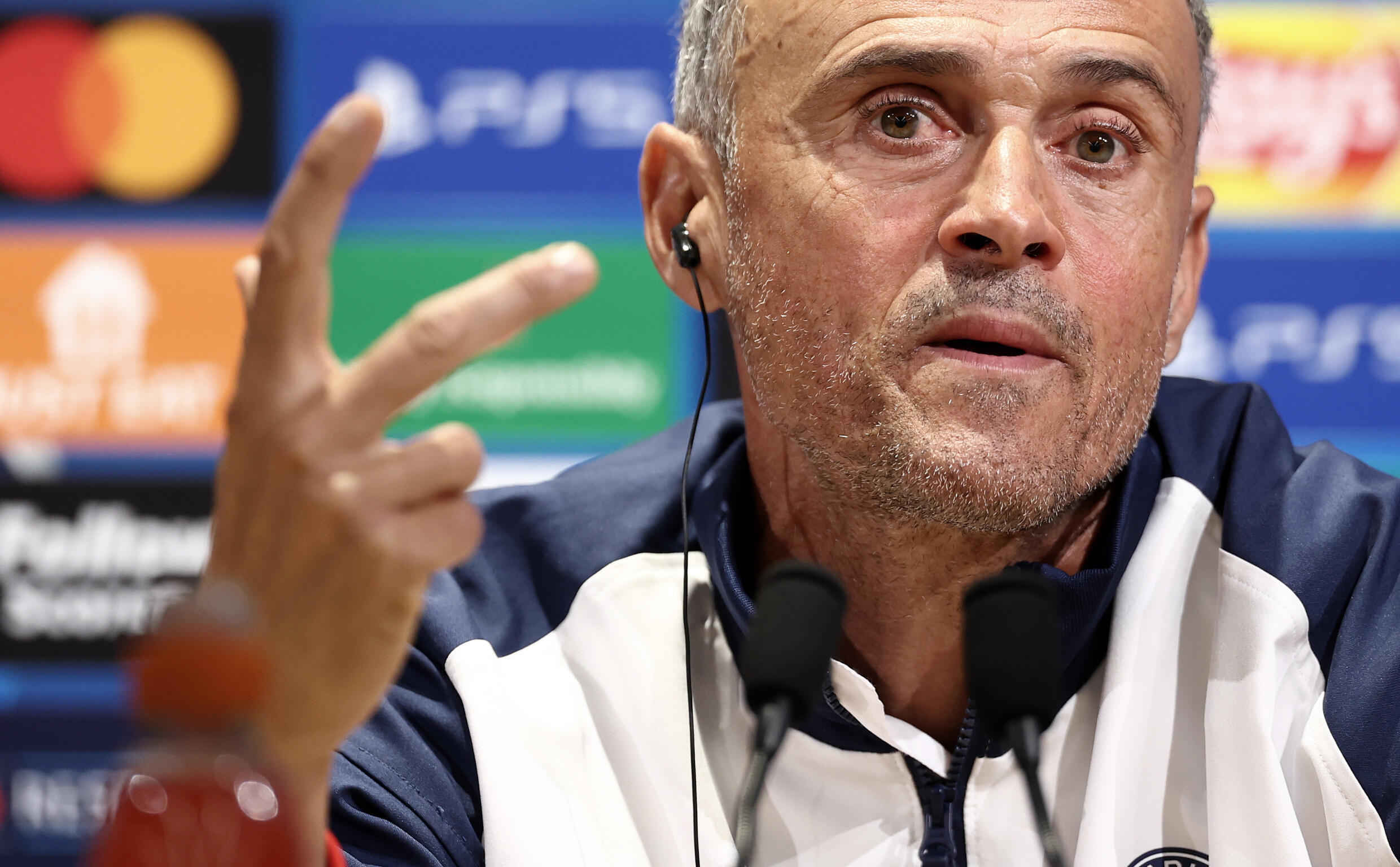 Paris Saint-Germain coach Luis Enrique at a press conference on September 17, 2024 at the Paris Saint-Germain Campus in Poissy near Paris