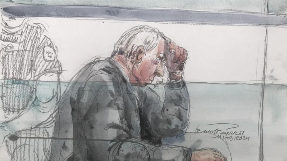 This courtroom sketch taken on September 11, 2024 shows Dominique Pelicot in court before being excused from the hearing, for the third consecutive day, in order to be transported for medical examinations.