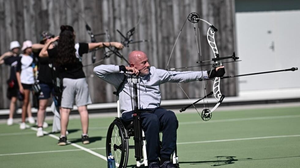 French Paralympic archer Damien Letulle, 51, trains at the CREPS (Center for Sports Resources, Expertise and Performance) of Pays-de-la-Loire in La Chapelle-sur-Erdre, near Nantes, on April 12, 2024.